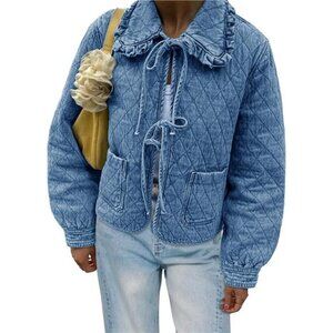 Women's Quilted Denim Puffer Jackets Tie Front Bow Cropped Puffy Jeans Coat